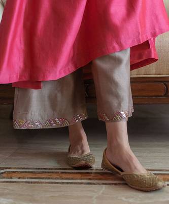 Apple red & ash grey silk chanderi gota patti & resham handwork ensemble 3