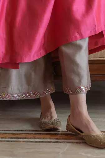 Apple red & ash grey silk chanderi gota patti & resham handwork ensemble