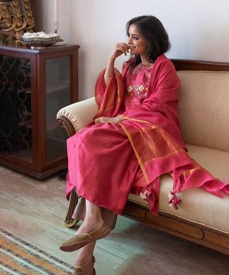 Apple red & ash grey silk chanderi gota patti & resham handwork ensemble 4