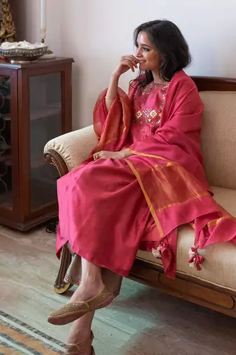 Apple red & ash grey silk chanderi gota patti & resham handwork ensemble