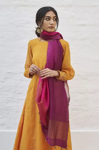 Tangerine silk tissue chanderi set