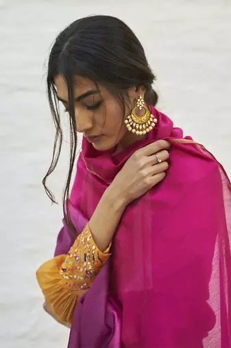 Tangerine silk tissue chanderi set