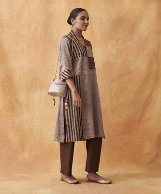 The tamra silver & brown striped silk tissue chanderi set 2
