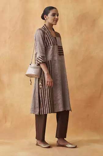 The tamra silver & brown striped silk tissue chanderi set