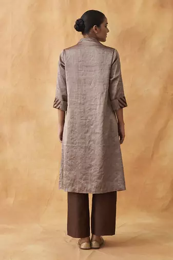 The tamra silver & brown striped silk tissue chanderi set