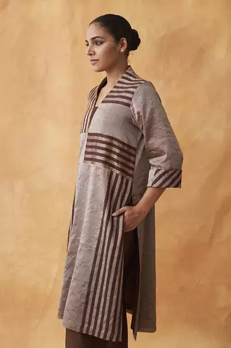 The tamra silver & brown striped silk tissue chanderi set