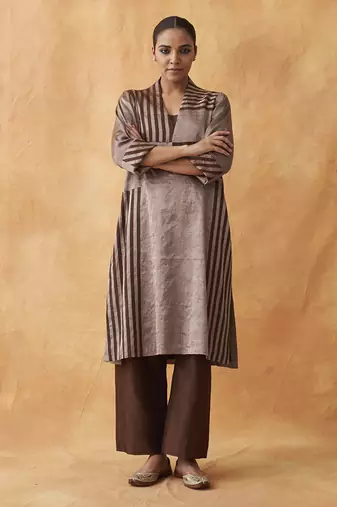 The tamra silver & brown striped silk tissue chanderi set