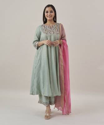 The green amethyst silk tissue chanderi ensemble with gota zari handwork 1