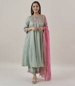 The green amethyst silk tissue chanderi ensemble with gota zari handwork