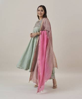 The green amethyst silk tissue chanderi ensemble with gota zari handwork 2