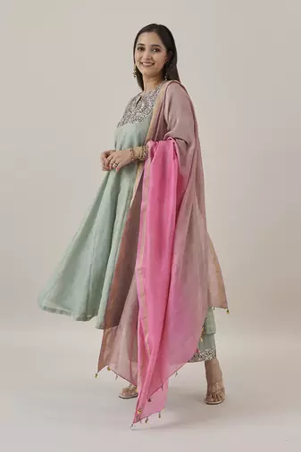 The green amethyst silk tissue chanderi ensemble with gota zari handwork