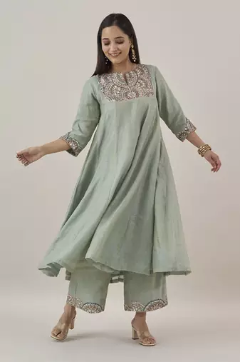 The green amethyst silk tissue chanderi ensemble with gota zari handwork