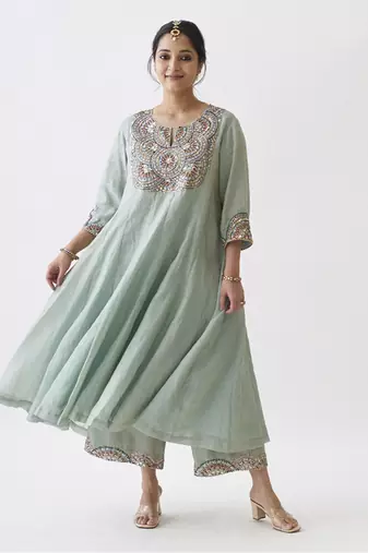 The green amethyst silk tissue chanderi ensemble with gota zari handwork