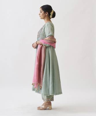 The green amethyst silk tissue chanderi ensemble with gota zari handwork 5