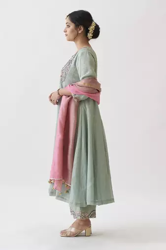 The green amethyst silk tissue chanderi ensemble with gota zari handwork