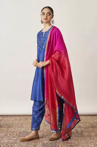 The sapphire blue & candy silk chanderi ensemble