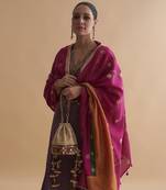 Deep purple silk tissue chanderi ensemble with handwork & odhani