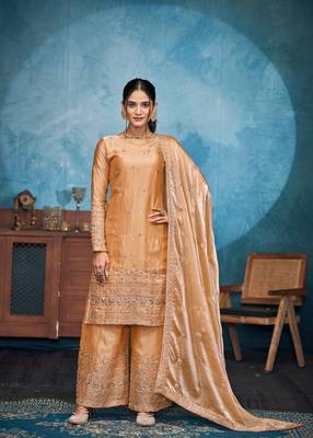 SHINY GOLD THREAD AND SEQUINCE EMBROIDERY SILK FESTIVE PARTYWEAR PALAZZO STRAIGHT PAKISTANI SALWAR SUIT DUPATTA 1