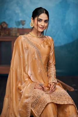 SHINY GOLD THREAD AND SEQUINCE EMBROIDERY SILK FESTIVE PARTYWEAR PALAZZO STRAIGHT PAKISTANI SALWAR SUIT DUPATTA 3