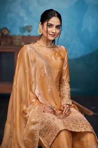 SHINY GOLD THREAD AND SEQUINCE EMBROIDERY SILK FESTIVE PARTYWEAR PALAZZO STRAIGHT PAKISTANI SALWAR SUIT DUPATTA