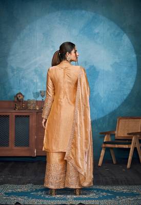 SHINY GOLD THREAD AND SEQUINCE EMBROIDERY SILK FESTIVE PARTYWEAR PALAZZO STRAIGHT PAKISTANI SALWAR SUIT DUPATTA 4