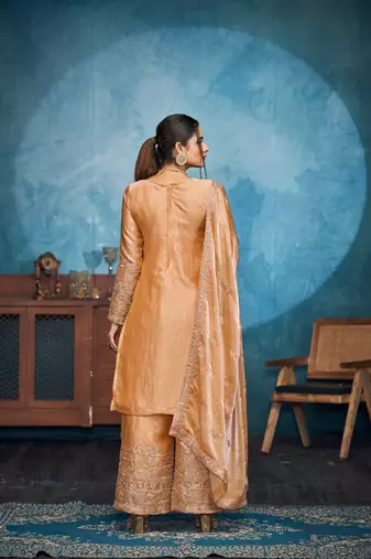 SHINY GOLD THREAD AND SEQUINCE EMBROIDERY SILK FESTIVE PARTYWEAR PALAZZO STRAIGHT PAKISTANI SALWAR SUIT DUPATTA
