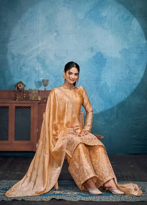 SHINY GOLD THREAD AND SEQUINCE EMBROIDERY SILK FESTIVE PARTYWEAR PALAZZO STRAIGHT PAKISTANI SALWAR SUIT DUPATTA 5