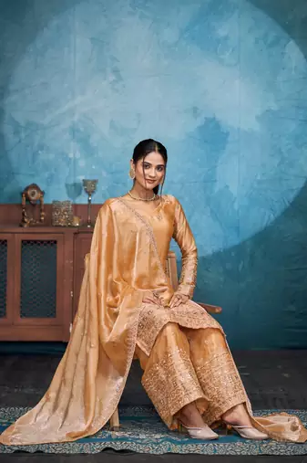 SHINY GOLD THREAD AND SEQUINCE EMBROIDERY SILK FESTIVE PARTYWEAR PALAZZO STRAIGHT PAKISTANI SALWAR SUIT DUPATTA