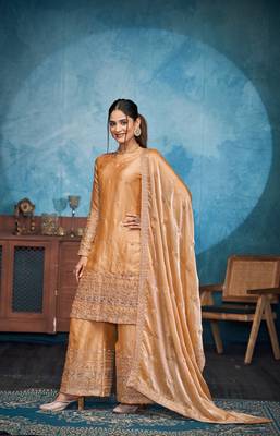 SHINY GOLD THREAD AND SEQUINCE EMBROIDERY SILK FESTIVE PARTYWEAR PALAZZO STRAIGHT PAKISTANI SALWAR SUIT DUPATTA 6