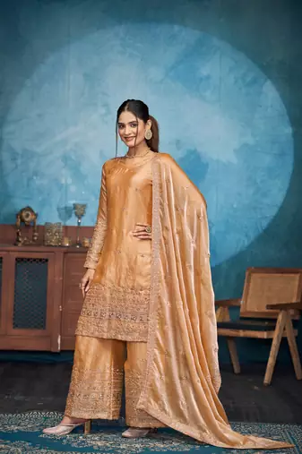 SHINY GOLD THREAD AND SEQUINCE EMBROIDERY SILK FESTIVE PARTYWEAR PALAZZO STRAIGHT PAKISTANI SALWAR SUIT DUPATTA