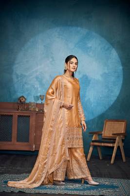 SHINY GOLD THREAD AND SEQUINCE EMBROIDERY SILK FESTIVE PARTYWEAR PALAZZO STRAIGHT PAKISTANI SALWAR SUIT DUPATTA 7