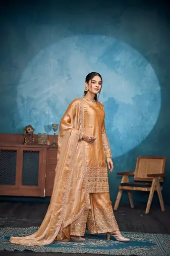 SHINY GOLD THREAD AND SEQUINCE EMBROIDERY SILK FESTIVE PARTYWEAR PALAZZO STRAIGHT PAKISTANI SALWAR SUIT DUPATTA