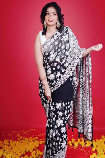 Black Georgette Embroidery Work Saree