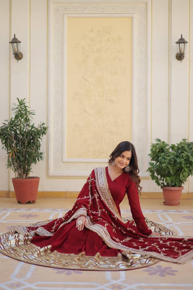maroon premium designer readymade gown stitched