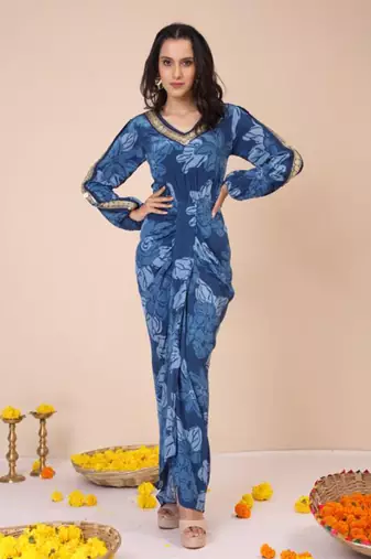 Celtic blue drape dress with front slit