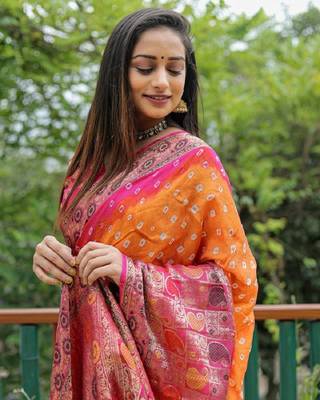 orange original Handmade Bandhej with Faux Kanchipuram zari and minakari weaving big Border bandhani saree 1
