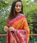 orange original Handmade Bandhej with Faux Kanchipuram zari and minakari weaving big Border bandhani saree