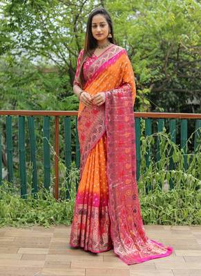 orange original Handmade Bandhej with Faux Kanchipuram zari and minakari weaving big Border bandhani saree 2