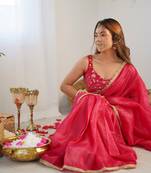 Rani pink Gold Crush Tissue Fabric Prewrapped Saree