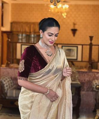 Elegant Cream Crush Tissue Silk Saree with Velvet Embroidered Unstitched Blouse 2