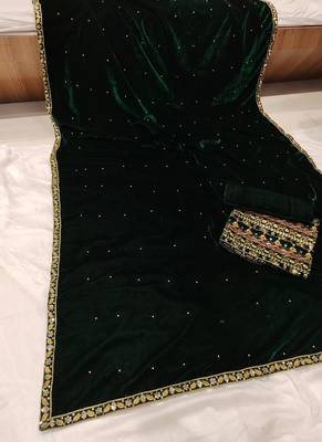  Green Velvet Sequin Embroidery Work Saree 2