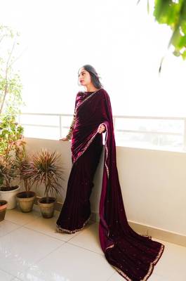  Red Velvet Sequin Embroidery Work Saree 1