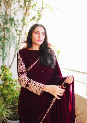  Red Velvet Sequin Embroidery Work Saree 2