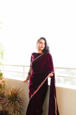  Red Velvet Sequin Embroidery Work Saree 3