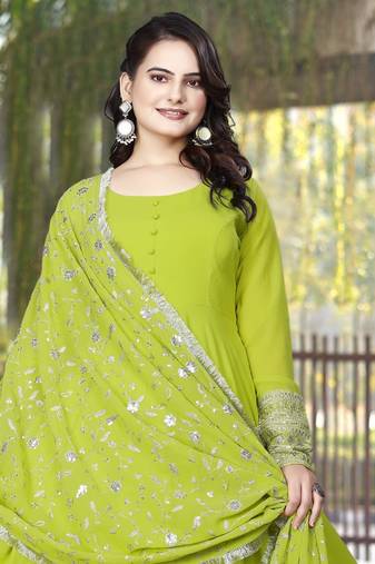 Parrot Green Georgette Maxi Gown With Dupatta And Pent