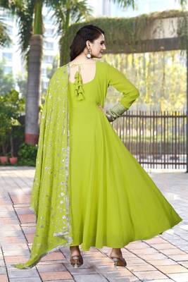 Parrot Green Georgette Maxi Gown With Dupatta And Pent 3