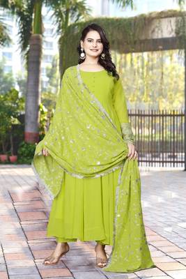 Parrot Green Georgette Maxi Gown With Dupatta And Pent 5