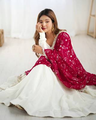 Vichitra Silk Fabric Fully Flair Kali Pattern And Canvas Patta Kurti With Dupatta And Pent 1