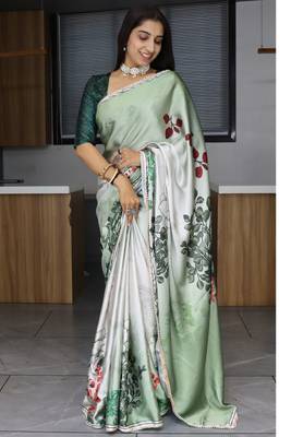 L-green printed satin pearl lace saree with unstitched blose 1
