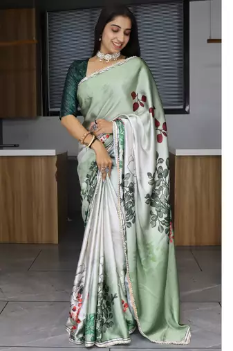 L-green printed satin pearl lace saree with unstitched blose